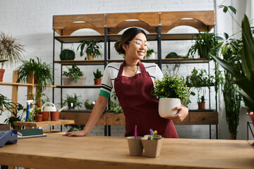 A beautiful Asian woman in an apron works at her plant shop counter, holding a potted plant and ready to serve customers.