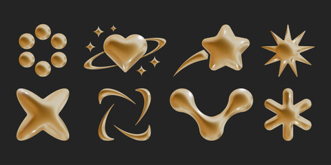 Set of Y2k geometric 3D render gold shapes trendy retro futuristic design elements, infographic shapes. Modern concept with symbols and objects, star, heart Vector illustration for UI and UX