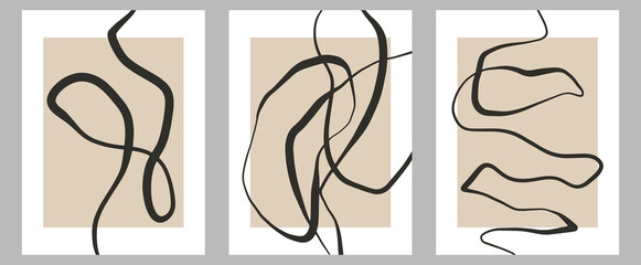 Set of trendy contemporary abstract creative hand drawn minimalist posters with organic line, shape pattern for wall decoration, postcard or brochure cover design in retro style art