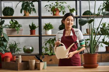 A woman in an apron waters a plant in her plant shop, surrounded by various greenery.