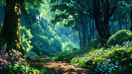 Fototapeta premium illustration art forest of spring style art anime
