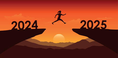 woman jumping over a cliff from 2024 to 2025 vector ilustration