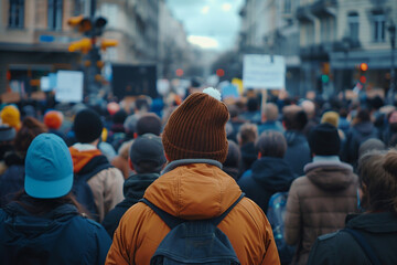 A bustling crowd gathers for a protest in an urban setting, with diverse individuals holding signs and wearing winter clothing, highlighting unity and social activism. Generative Ai