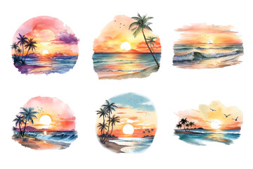 Fototapeta premium Beautiful Beach Sunset Collection Bundle Set Isolated on a Transparent Background
