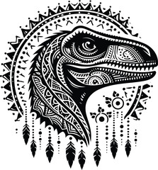 velociraptor in silhouete with bohemian nature pattern illustration