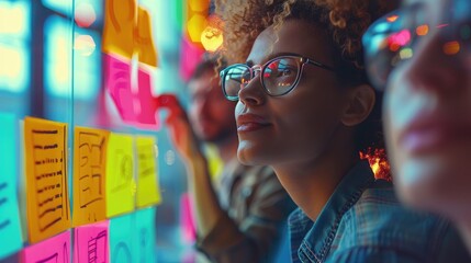 Creative brainstorming session with diverse teamwork and colorful sticky notes on window. Team members engaged in collaborative idea generation.