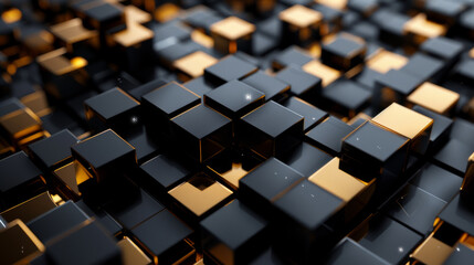 Fototapeta premium sophisticated 3D rendering of black and gold geometric forms, layered to create depth. Cartoon illustrations Generative AI