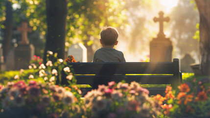 Boy sits on bench with flowers at a cemetery seen from behind. Natural lighting and blur effect. Grief and mourning concept. Design for marketing and advocacy materials. Rear view with copy space.