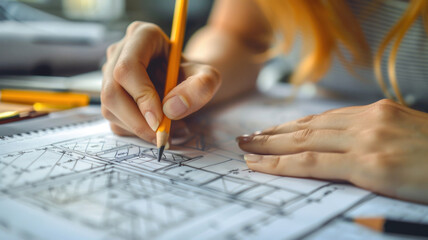 Woman's hands with pencil drawing technical plan, design or project