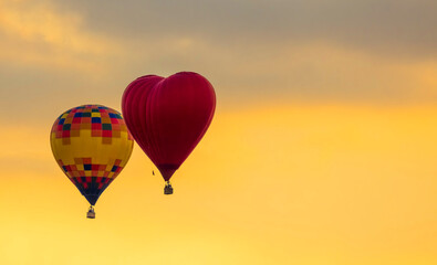 Fototapeta premium Two hot air balloons flying at sunset. the balloon on the right is red and shaped like a heart. The sky is a warm yellow and orange color.