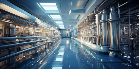 Fototapeta premium The process of milk production with a modern dairy factory scene.