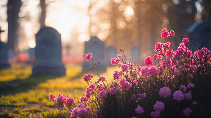 Pink flowers in bloom in a cemetery with gravestones in the background. Memorial and remembrance concept. Design for greeting cards, posters, and invitations. Outdoor view with place for text