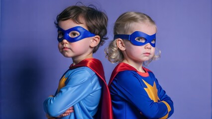 "Superhero Duo Kids" - Two children dressed as superheroes, standing back-to-back in heroic poses.

