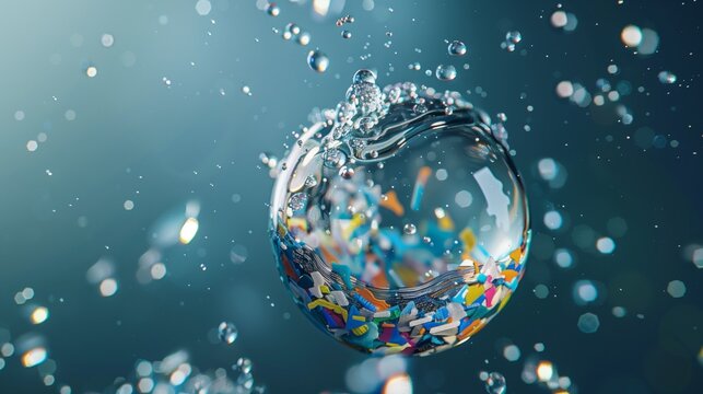 Close-up of microplastics floating in clear water, highlighting the environmental impact of plastic pollution in oceans and drinking water sources.