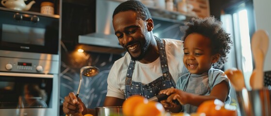 Father and child cooking together in the kitchen, sharing joyful family moments and creating delicious meals.