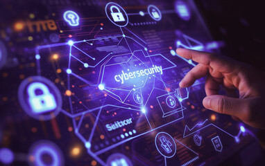 A person typing on a laptop with holographic warning symbols on the screen in an office environment, blurred neon , concept of cybersecurity threat