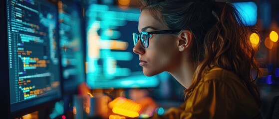Obraz premium Focused woman working on computer with multiple screens in a dimly lit room, engrossed in coding and software development.