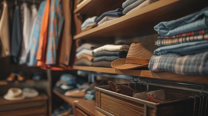 Stylish Men's Wardrobe with Hats, Shirts, and Sunglasses in a Modern Closet