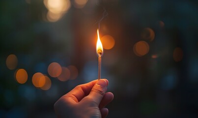 A hand holding a lit matchstick with a burning flame, Generative AI