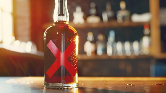 Close up shot of an alcohol bottle with a bright red X mark emphasizing the message of abstaining from drinking