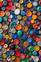A chaotic collection of colorful bottle caps, densely arranged to fill the entire frame. The caps feature various brands and colors, creating a playful and industrial background