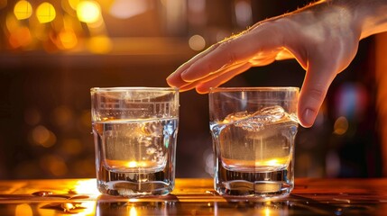 Close up shot of a hand reaching for water instead of alcohol with dramatic lighting to highlight the healthier choice