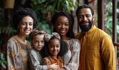 Obraz premium Happy multicultural family standing together, smiling at the camera. Diverse ethnic backgrounds, indoor setting with plants.