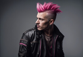 portrait of a man in a punk outfit with dark pink hair shaved on the side, isolated white background