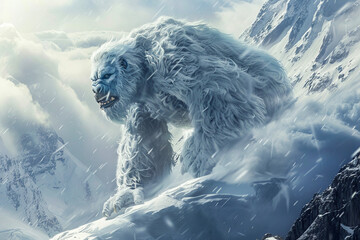 Abominable Snowman.  Generated image.  A digital illustration of an abominable snowman with a fur coloring of gray and white in the wild.