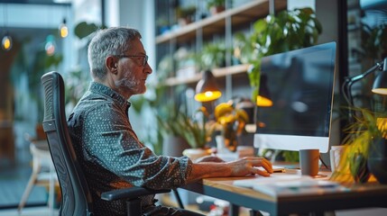 Senior man working on a computer in a cozy home office surrounded by plants and warm lighting.