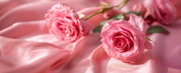 Obraz premium Pink roses on pink silk fabric background, with a pink color theme and soft lighting