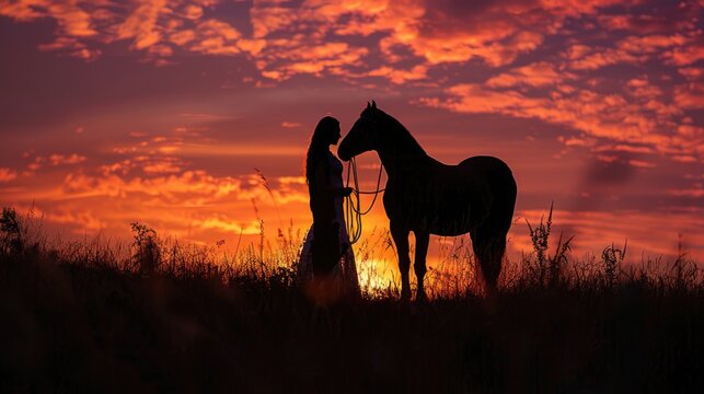 Silhouette of a person and horse against a vibrant sunset sky, embodying serene connection and tranquility in nature.