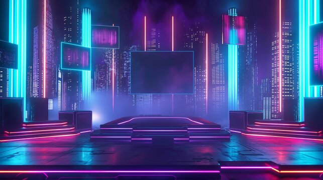 Futuristic Neon Cyberpunk Conference Stage with Cityscape