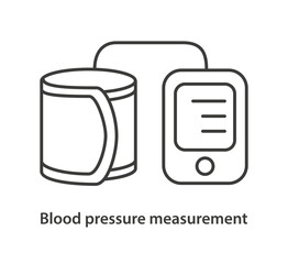 Medical icon of blood pressure tonometer in linear style. Blood pressure measuring device. Health medical symbol. Vector illustration isolated on white background.