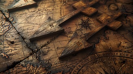 An artistic depiction of rustic wooden arrows on a vintage map background. The arrows point in different directions, enhancing the travel theme, while the antique map adds a touch of nostalgia