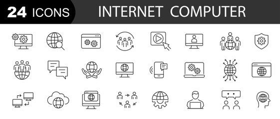 Internet computer web icons . Cyber security, internet connection, searching, data security, cloud network.  Vector illustration.