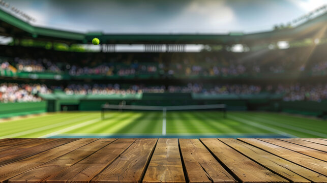 a blank product display table top with tennis stadium blurred background