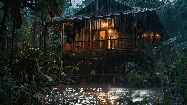 Rustic Treehouse Cabin in Rainy Tropical Forest at Night