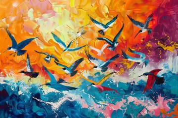 a vibrant painting of migratory birds during a tropical storm