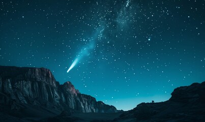 A stunning night sky scene featuring a comet streaking across, creating a mesmerizing celestial display against a backdrop of stars and nebulae