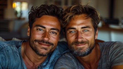 Close-up of two men with friendly expressions and casual clothing enjoying each other's company