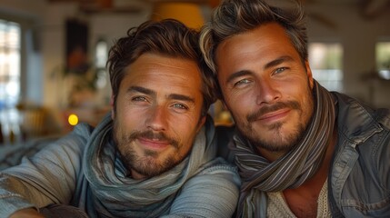 Fototapeta premium Two identical men smiling warmly with similar clothing, giving an impression of closeness