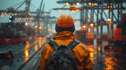 A worker stands amidst a bustling industrial port, wearing a raincoat during a downpour, with cranes and lights in the background