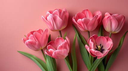 Obraz premium A beautiful arrangement of pink tulips with green leaves against a soft pink background, depicting spring