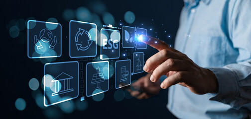 person touch technology icon to save energy,and reduce global warming,ecology friendly investment,ESG environment social governance,nature green Business Innovation and Sustainable Development concept