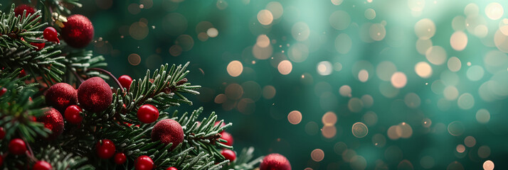 Christmas themed banner background with christmas tree and lights with space for text