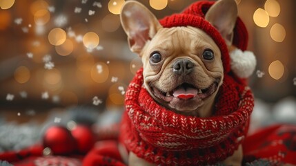 Adorable French bulldog sporting a festive red knitted hat and scarf, feeling festive during winter