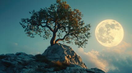 Fototapeta premium 3D illustration of a tree against the background of a full moon