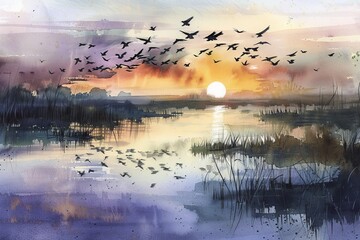 a watercolor scene of migratory birds at dawn in a wetland