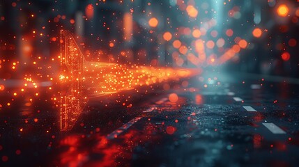 Obraz premium Arrows moving dynamically across the screen in a flow of traffic-like motion on a cityscape background. The vibrant arrows and bustling cityscape add a sense of energy and movement to the scene. 